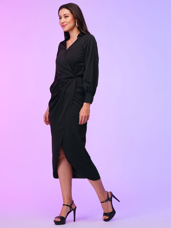 Globus Women Black Shirt Collar Cuffed Sleeves Pleated Tulip Hem Midi Party Wrap Dress