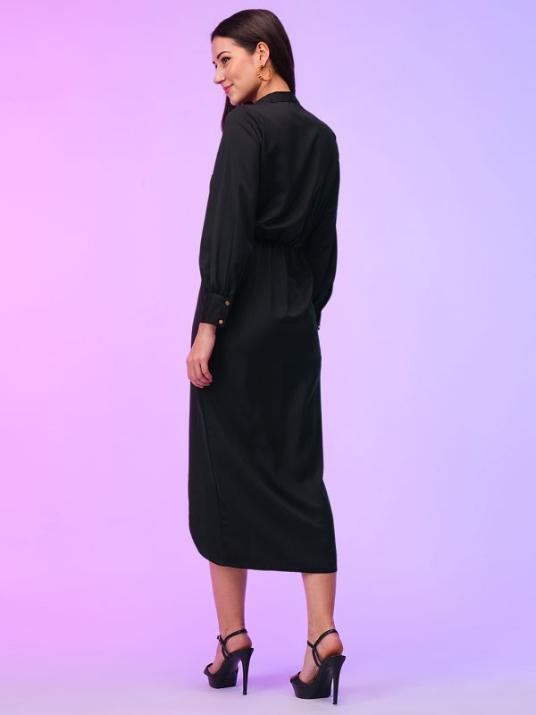 Globus Women Black Shirt Collar Cuffed Sleeves Pleated Tulip Hem Midi Party Wrap Dress