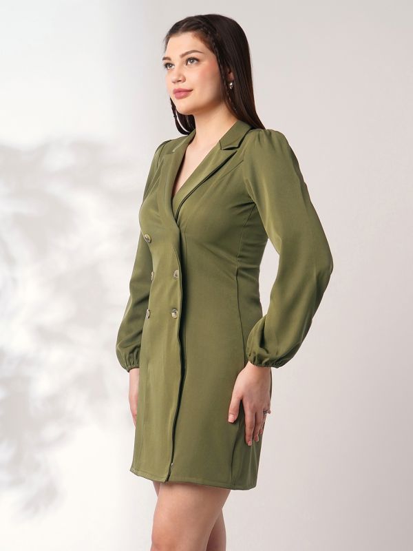 Globus Women Green Peak Lapel Bishop Sleeves Button Detail Mini Workwear Blazer Dress