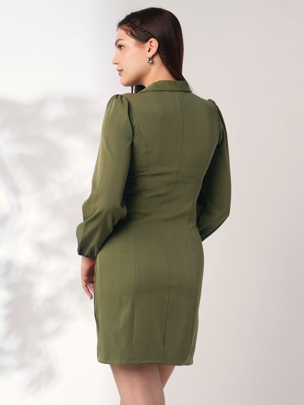 Globus Women Green Peak Lapel Bishop Sleeves Button Detail Mini Workwear Blazer Dress