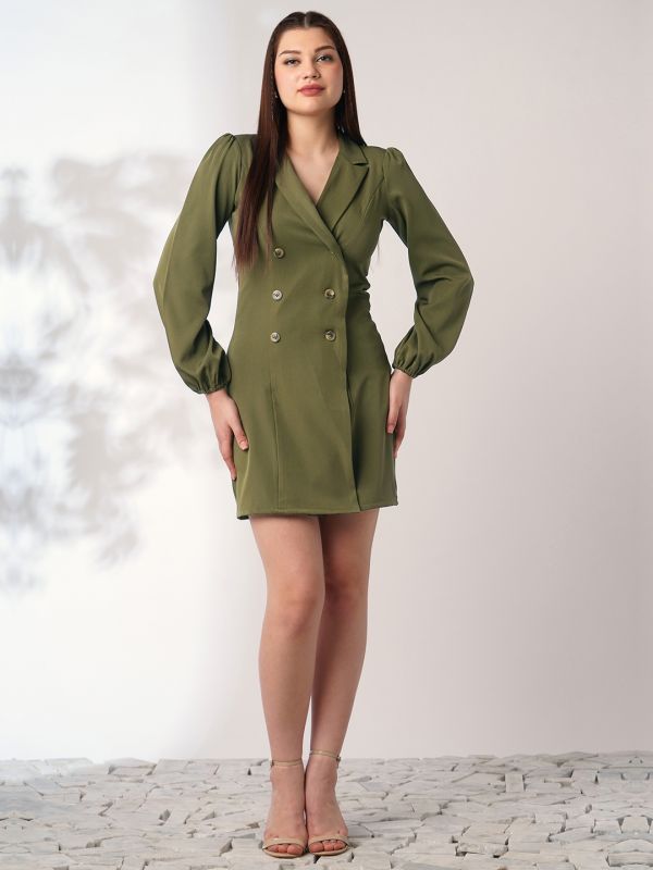 Globus Women Green Peak Lapel Bishop Sleeves Button Detail Mini Workwear Blazer Dress
