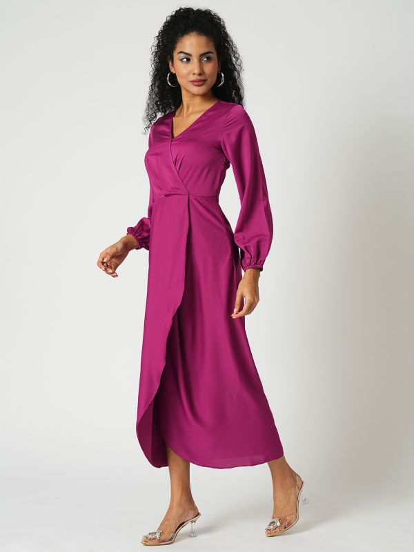 Globus Women Magenta Wrap Neck Full Sleeves Tulip Hem Satin Midi Sheath Party Dress