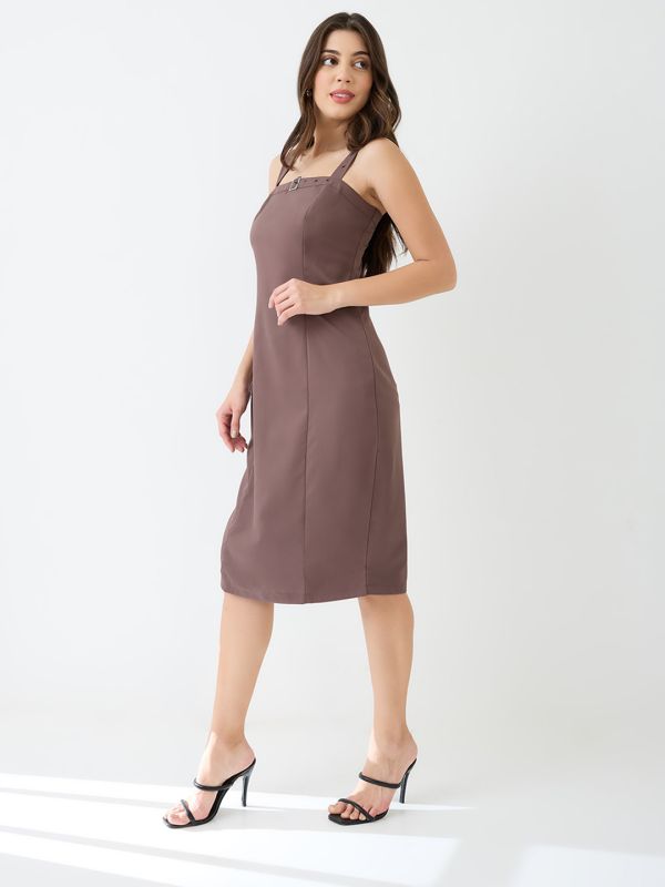 Globus Women Brown Buckle Detail Square Neck Strappy Shoulder Korean Midi Sheath Party Dress