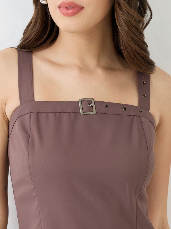 Globus Women Brown Buckle Detail Square Neck Strappy Shoulder Korean Midi Sheath Party Dress
