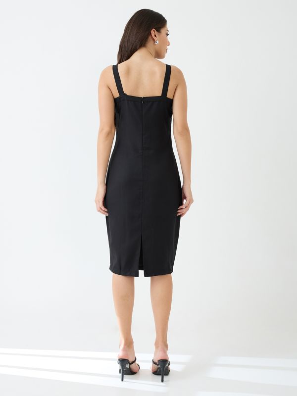 Globus Women Black Buckle Detail Square Neck Strappy Shoulder Korean Midi Sheath Party Dress