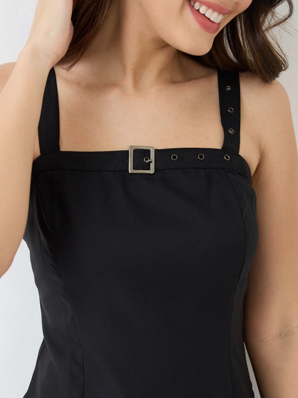 Globus Women Black Buckle Detail Square Neck Strappy Shoulder Korean Midi Sheath Party Dress