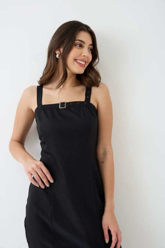Globus Women Black Buckle Detail Square Neck Strappy Shoulder Korean Midi Sheath Party Dress