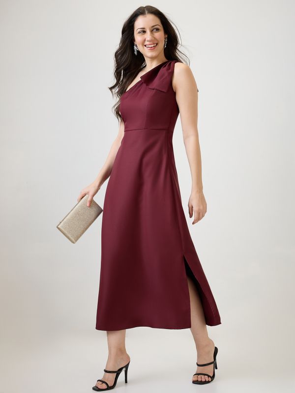 Globus Women Maroon One Shoulder Bow Detail Side Slit A-Line Maxi Party Dress