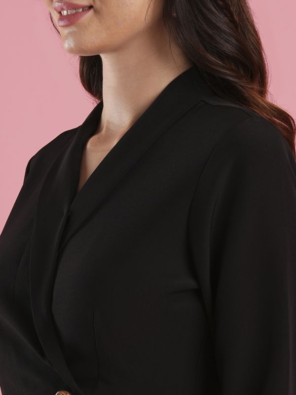 Globus Women Black Shawl Lapel Solid Mini Workwear Blazer Dress