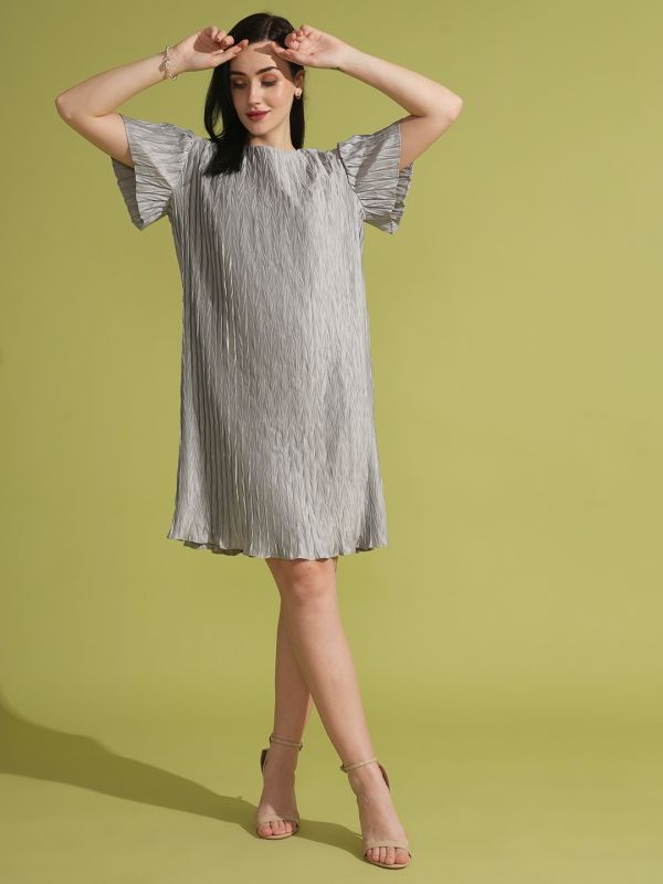 Globus Women Silver Textured Accordion Pleat Round Neck Flared Sleeves Sheath Party Dress