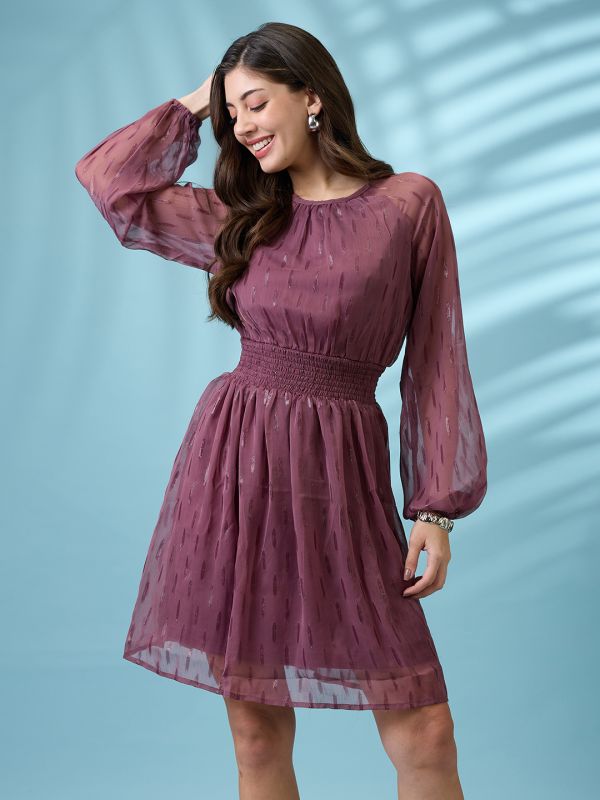 Globus Women Mauve Bishop Sleeves Self Design Georgette Sheen Smocked Mini Fit & Flare Party Dress