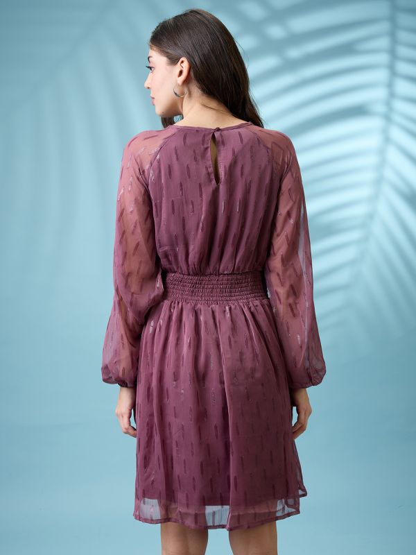 Globus Women Mauve Bishop Sleeves Self Design Georgette Sheen Smocked Mini Fit & Flare Party Dress