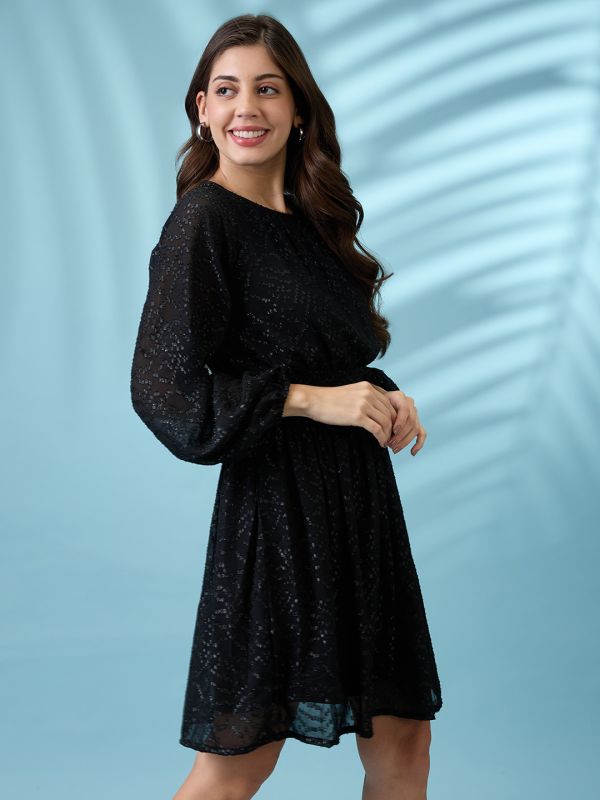 Globus Women Black Bishop Sleeves Self Design Georgette Sheen Smocked Mini Fit & Flare Party Dress