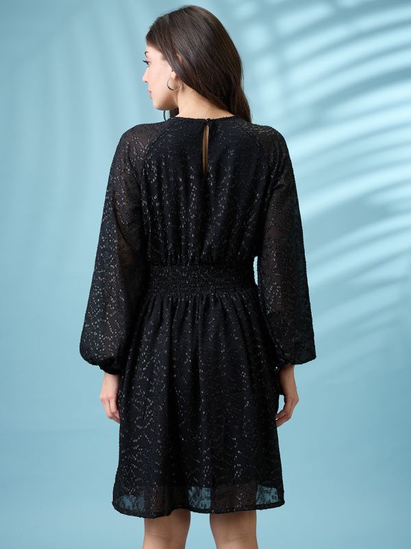 Globus Women Black Bishop Sleeves Self Design Georgette Sheen Smocked Mini Fit & Flare Party Dress