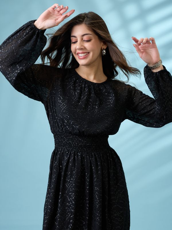 Globus Women Black Bishop Sleeves Self Design Georgette Sheen Smocked Mini Fit & Flare Party Dress