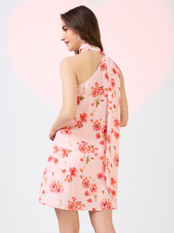 Globus Women Pink Scarf Drape Neck One Shoulder Floral Print Mini A-Line Party Dress