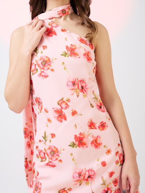 Globus Women Pink Scarf Drape Neck One Shoulder Floral Print Mini A-Line Party Dress