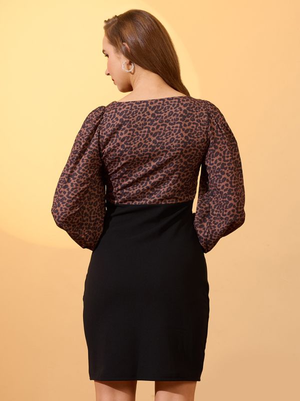 Globus Women Brown Sweetheart Neck Bishop Sleeves Animal Print Ruched Detail Mini Bodycon Workwear Dress