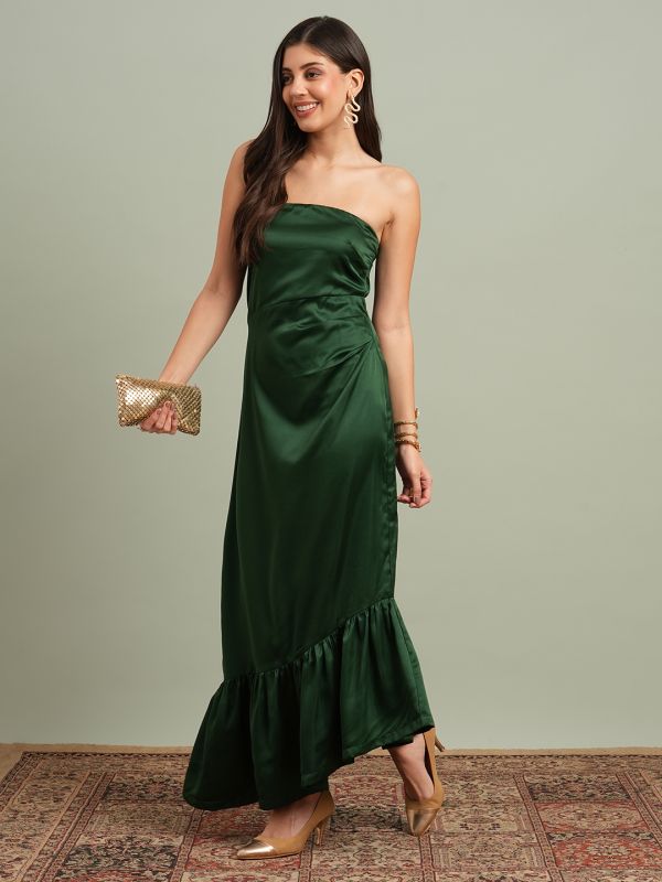 Globus Women Green Off-Shoulder Solid Pleated & Ruffle Detail Satin A-Line Maxi Party Dress