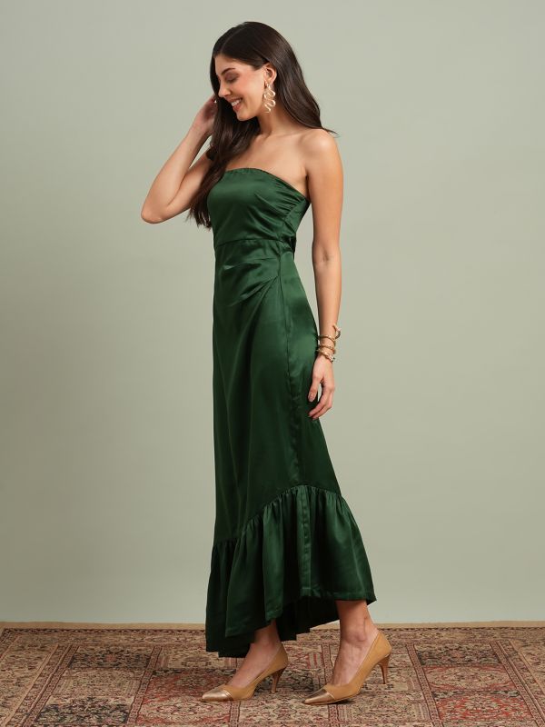 Globus Women Green Off-Shoulder Solid Pleated & Ruffle Detail Satin A-Line Maxi Party Dress
