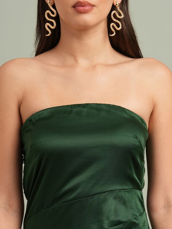 Globus Women Green Off-Shoulder Solid Pleated & Ruffle Detail Satin A-Line Maxi Party Dress