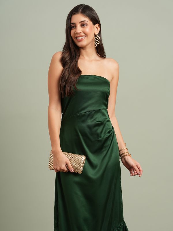 Globus Women Green Off-Shoulder Solid Pleated & Ruffle Detail Satin A-Line Maxi Party Dress