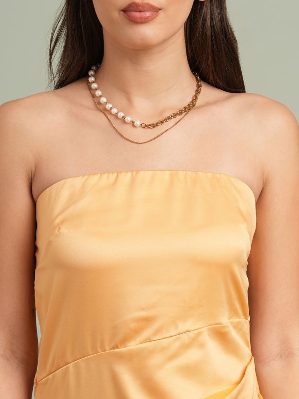 Globus Women Yellow Off-Shoulder Solid Pleated & Ruffle Detail Satin A-Line Maxi Party Dress