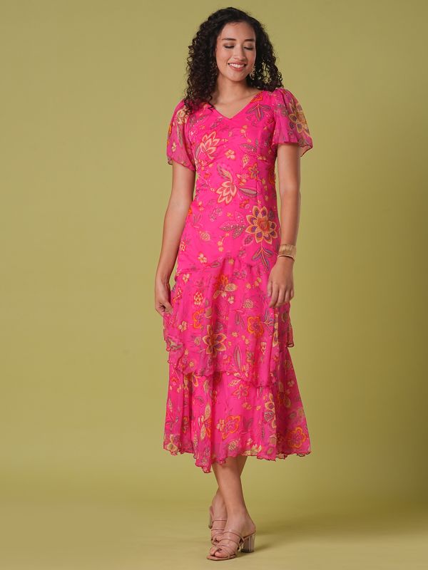 Globus Women Pink V-Neck Flared Sleeves Floral Print Layered Fit & Flare Maxi Party Dress