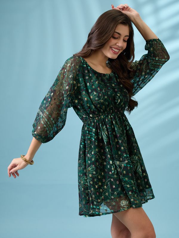 Globus Women Green Reglan Sleeves Stylized Back Floral Printed Lurex Detail Fit & Flare Mini Georgette Party Dress