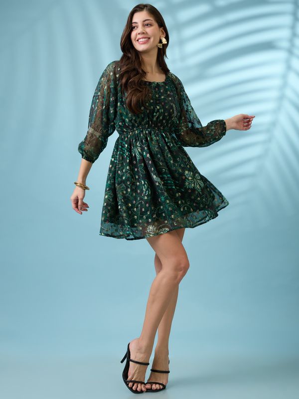 Globus Women Green Reglan Sleeves Stylized Back Floral Printed Lurex Detail Fit & Flare Mini Georgette Party Dress