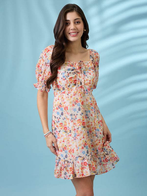 Globus Women White Allover Floral Printed Square Neck Puff Sleeves Ruched Detail Georgette Ruffle Hem Mini Party Dress