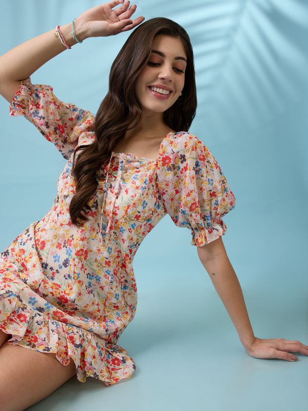 Globus Women White Allover Floral Printed Square Neck Puff Sleeves Ruched Detail Georgette Ruffle Hem Mini Party Dress