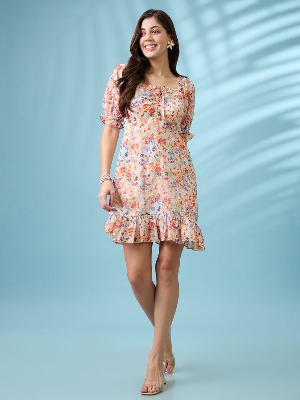 Globus Women White Allover Floral Printed Square Neck Puff Sleeves Ruched Detail Georgette Ruffle Hem Mini Party Dress
