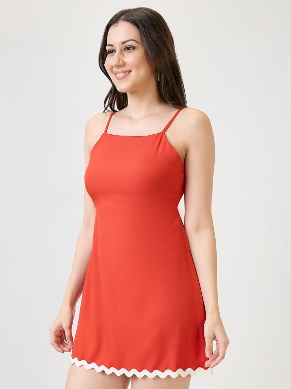 Globus Women Orange Square Neck Strappy Sleeves Stylized Tie Back Detail Scalloped Hem Fit & Flare Mini Party Dress