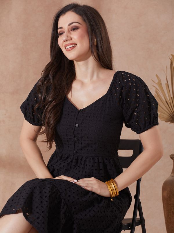 Globus Women Black Sweetheart Neck Puff Sleeves Self Design Schiffli Tiered A-Line Midi Resort Dress