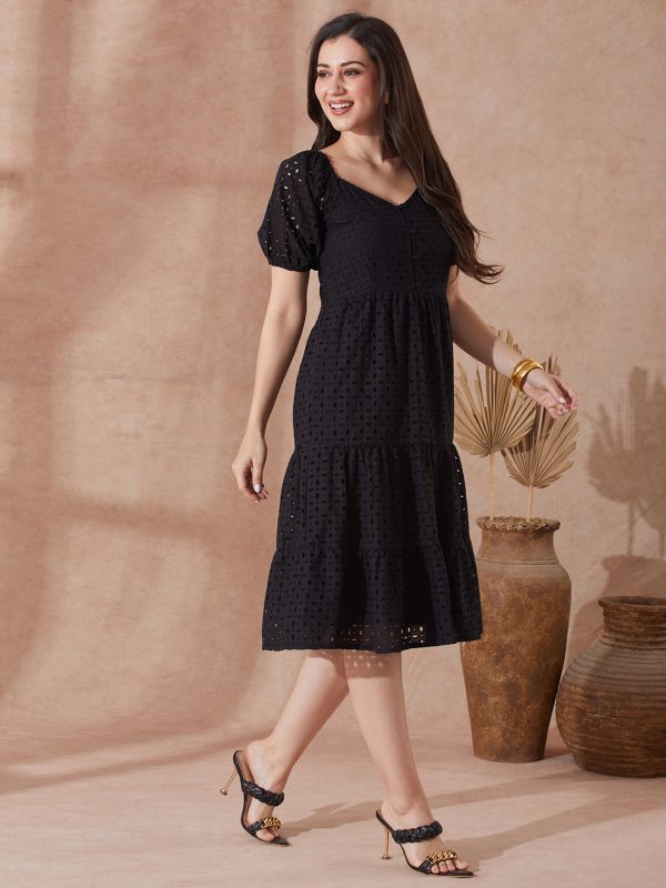 Globus Women Black Sweetheart Neck Puff Sleeves Self Design Schiffli Tiered A-Line Midi Resort Dress