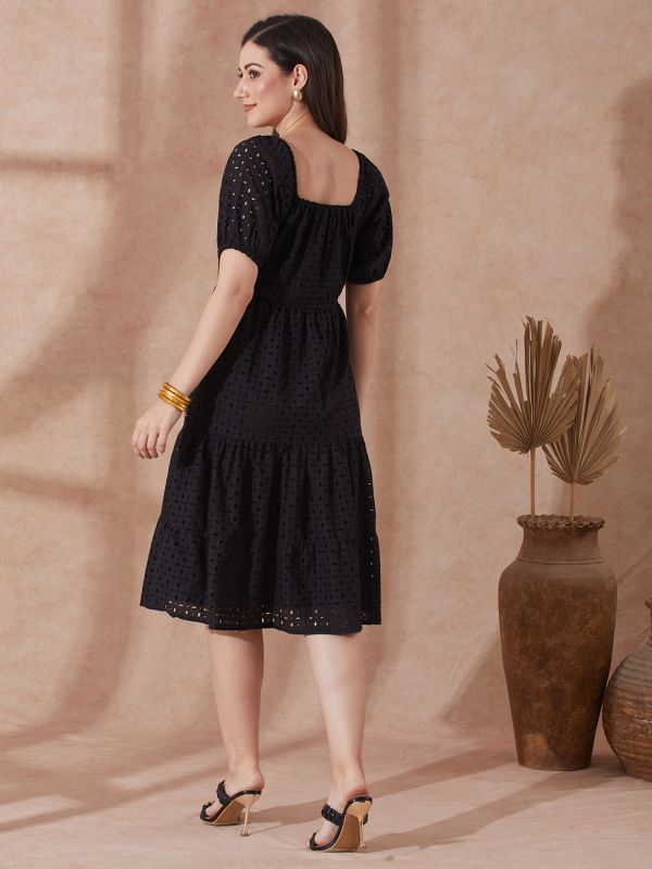 Globus Women Black Sweetheart Neck Puff Sleeves Self Design Schiffli Tiered A-Line Midi Resort Dress