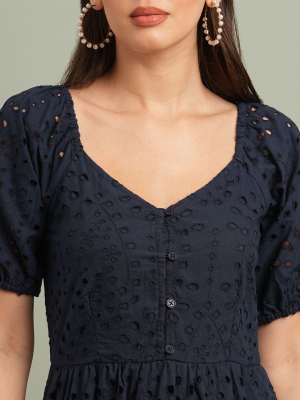 Globus Women Navy Blue Sweetheart Neck Puff Sleeves Self Design Schiffli Tiered A-Line Midi Resort Dress