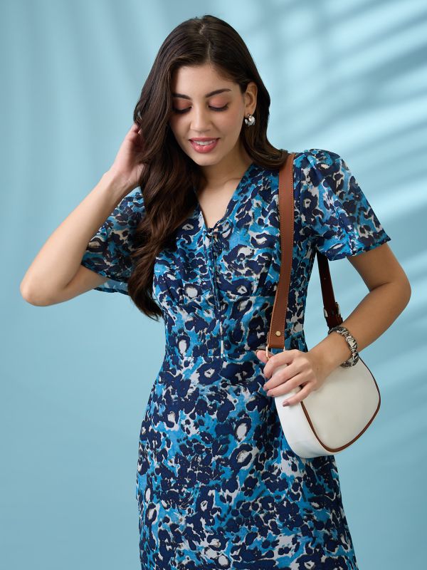 Globus Women Navy Allover Floral Printed V-Neck Flared Sleeves Frilled Hem Sheath Mini Dress