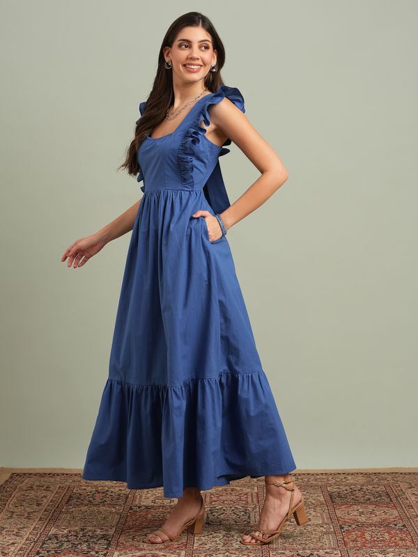 Globus Women Blue Square Neck Solid Ruffles & Tie-Up Detail Tiered Fit & Flare Maxi Resort Dress