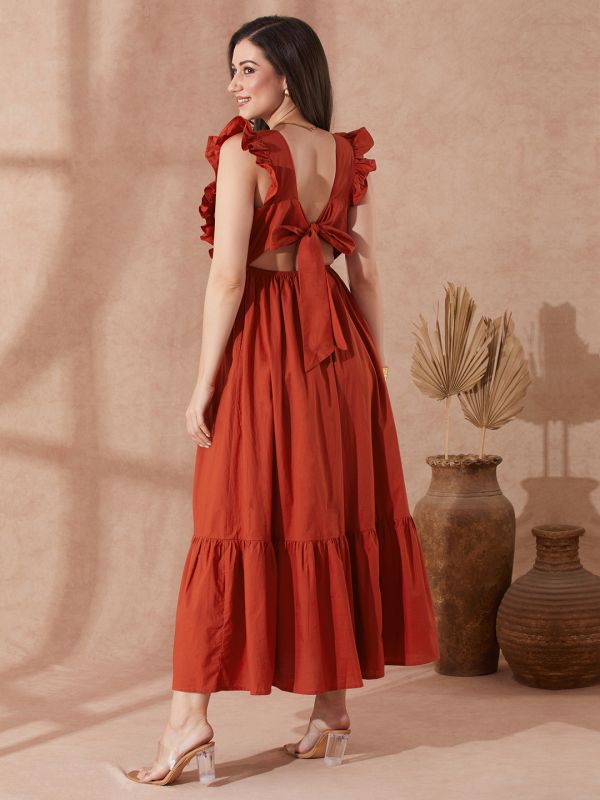 Globus Women Rust Square Neck Solid Ruffles & Tie-Up Detail Tiered Fit & Flare Maxi Resort Dress