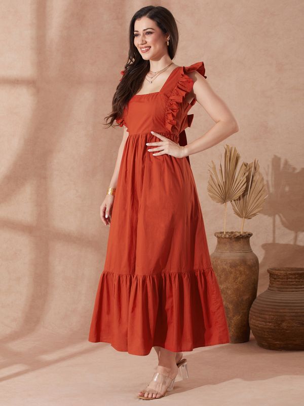 Globus Women Rust Square Neck Solid Ruffles & Tie-Up Detail Tiered Fit & Flare Maxi Resort Dress