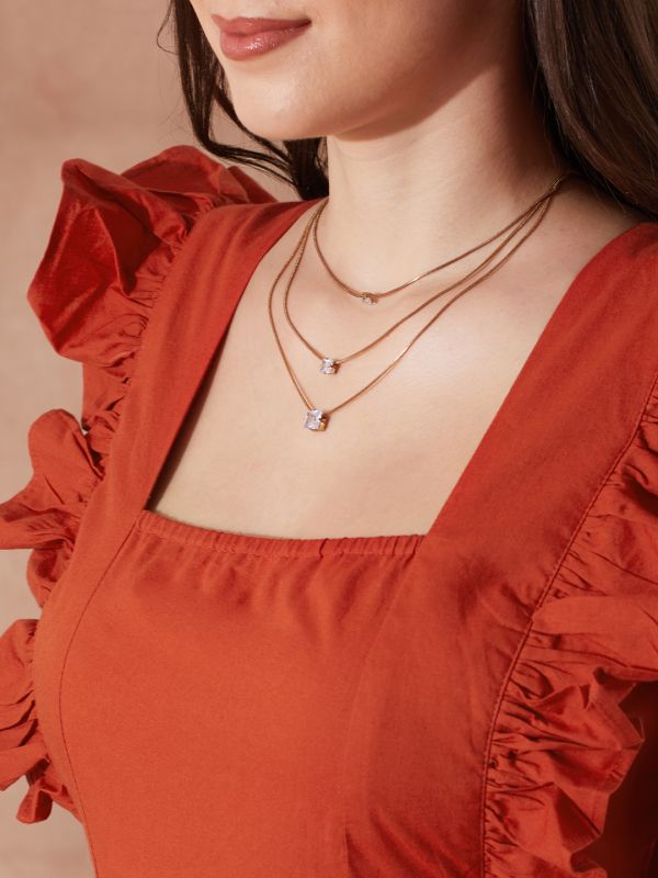 Globus Women Rust Square Neck Solid Ruffles & Tie-Up Detail Tiered Fit & Flare Maxi Resort Dress