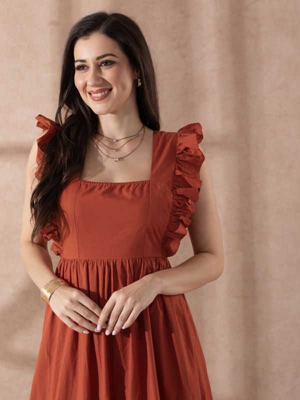 Globus Women Rust Square Neck Solid Ruffles & Tie-Up Detail Tiered Fit & Flare Maxi Resort Dress