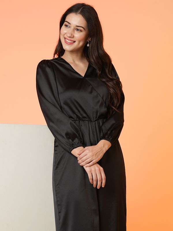 Globus Women Black Wrap Neck Bishop Sleeve Party Wear Jumpsuit