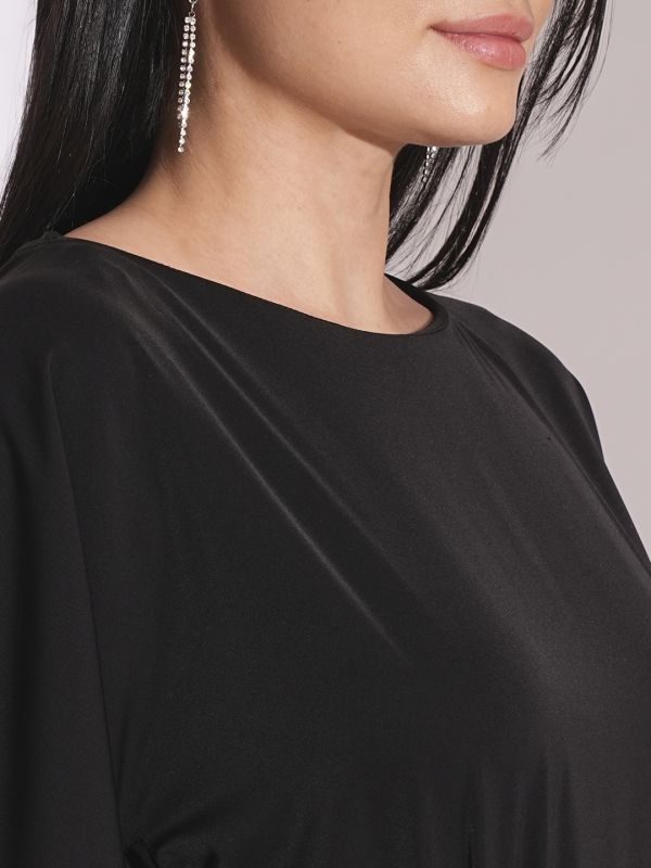 Globus Women Black Boat Neck Cape Sleeves Criss Cross Waist Tie-Up Detail Satin Party Jumpsuit