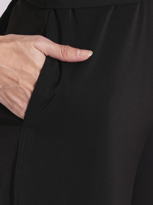 Globus Women Black Boat Neck Cape Sleeves Criss Cross Waist Tie-Up Detail Satin Party Jumpsuit