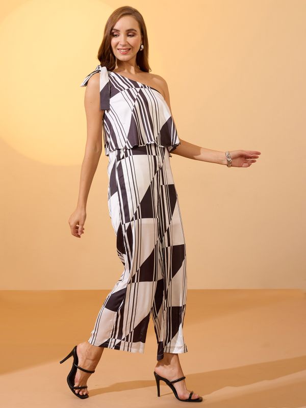 Globus Women Multi White Tie-Up One Shoulder Abstract Print Wide Leg Party Jumpsuit