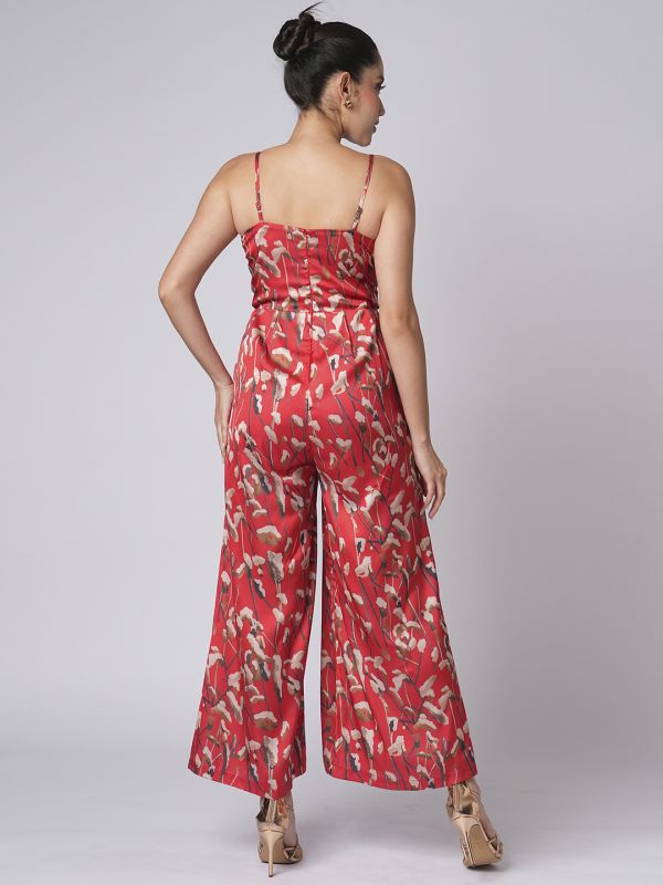Globus Women Red Sweetheart Neck Strappy Shoulder Floral Print Satin Wide Leg Party Jumpsuit