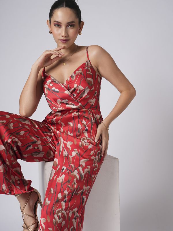 Globus Women Red Sweetheart Neck Strappy Shoulder Floral Print Satin Wide Leg Party Jumpsuit